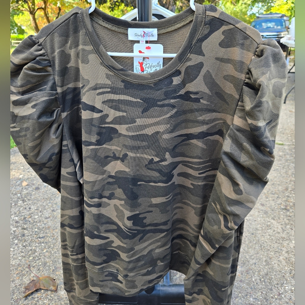 Camo Top with Ruched Sleeves, NWT